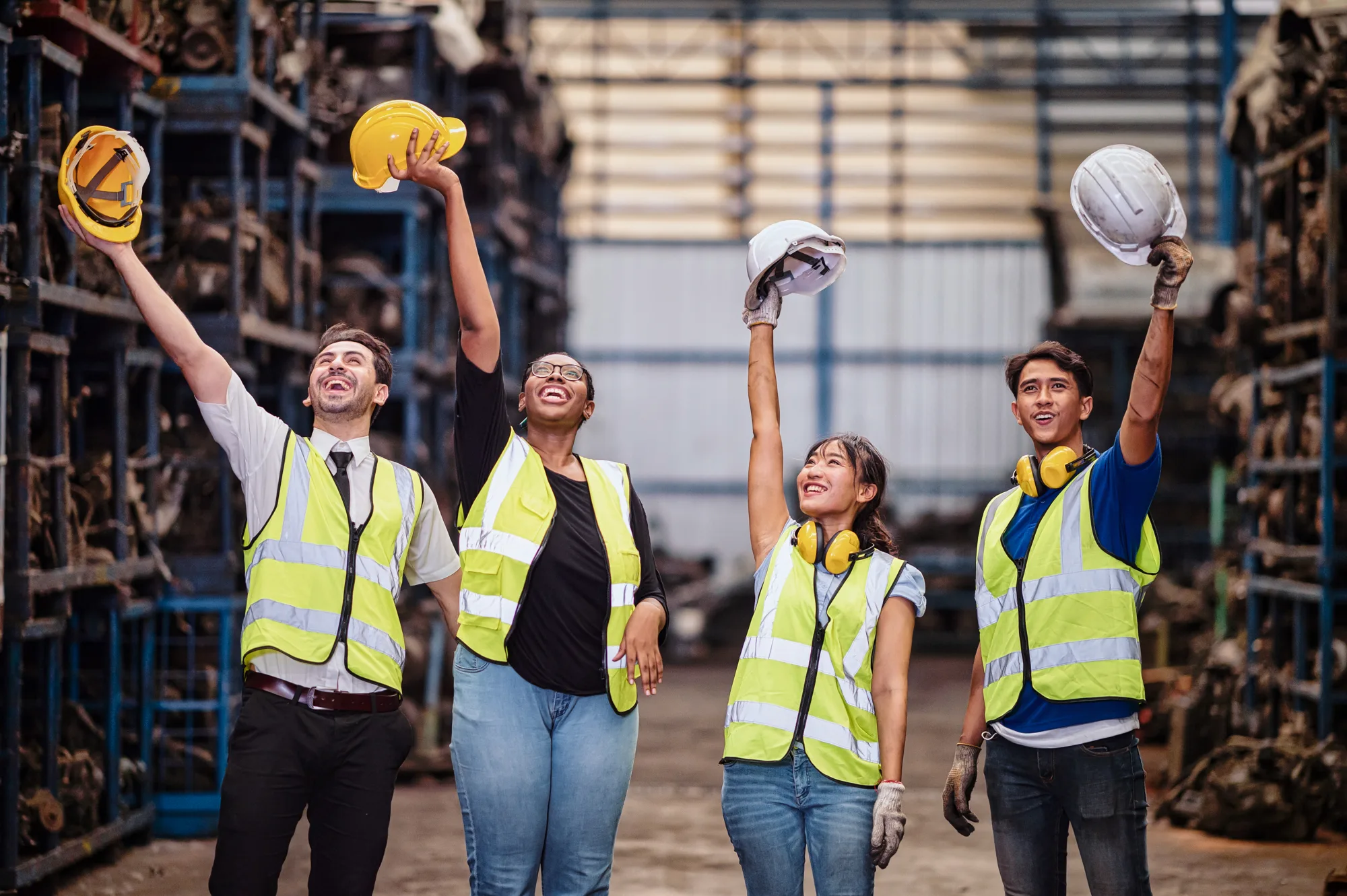 Enthousiast team bouwprofessionals steekt helmen in de lucht